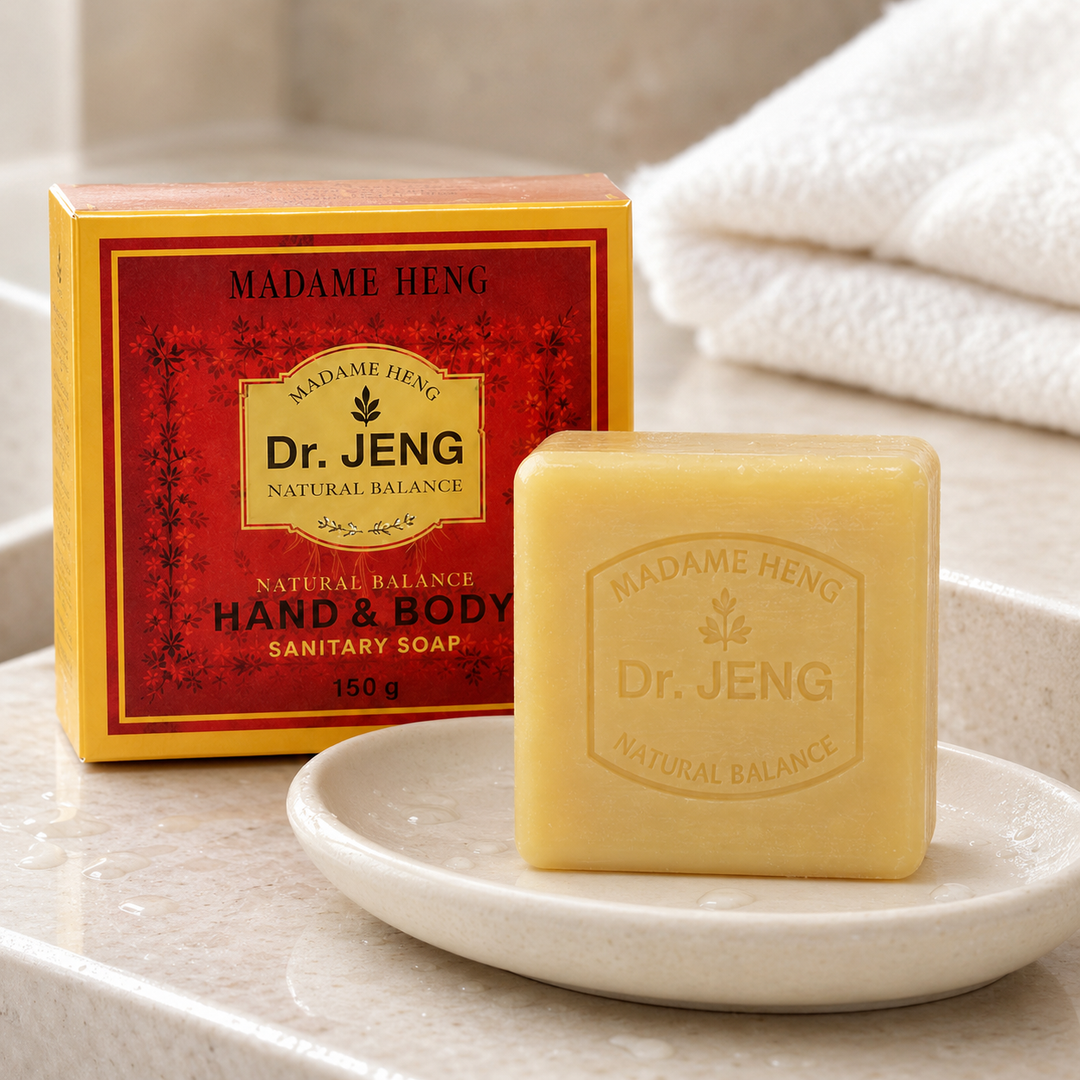 lose-up of Madame Heng Dr. JENG Hand and Body Soap box and embossed 150 g bar