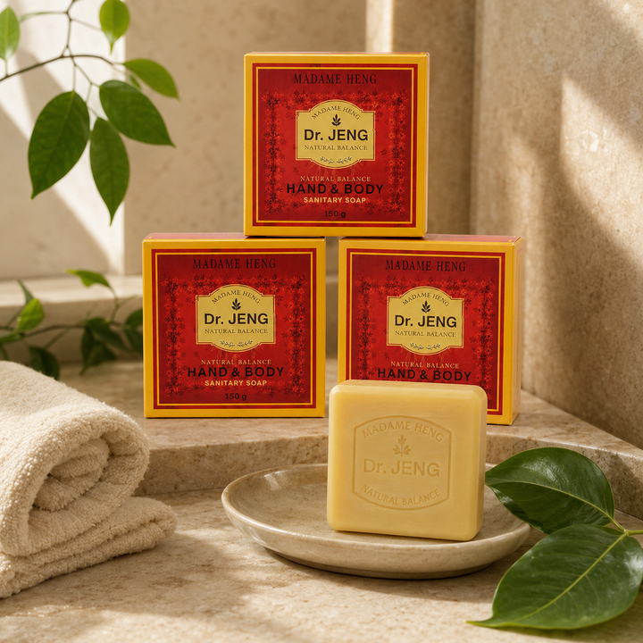 Three Madame Heng Dr. JENG 150 g soaps with an unboxed bar in a warm spa setting