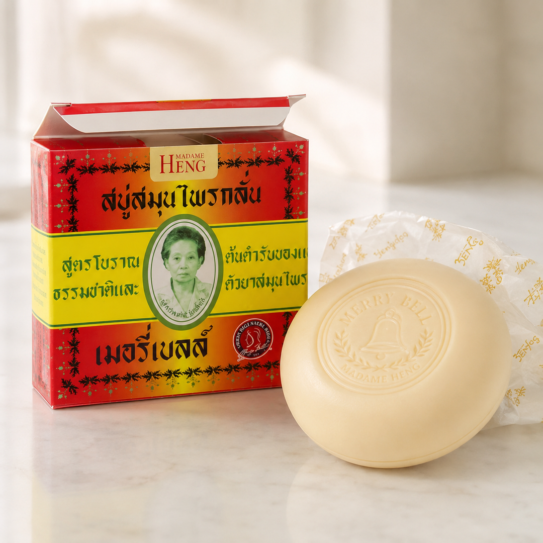 Madame Heng Merry Bell Original Herbal Soap box with round 160 g soap bar and wrapper