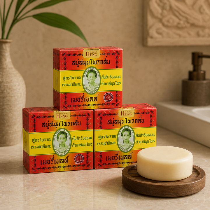Three boxes of Madame Heng Merry Bell Original Herbal Soap with round soap in a warm bathroom setting