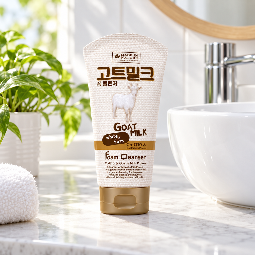 Made in Nature Goat Milk White & Firm Foam Cleanser 100 ml beside a white bathroom sink and green plant