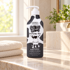Made in Nature Hokkaido Milk Moisture Rich Body Lotion 450 ml on a bathroom vanity beside an ivory towel