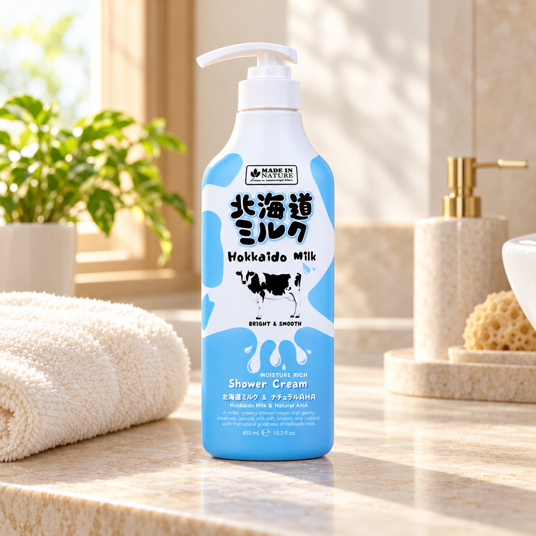 Made in Nature Hokkaido Milk Moisture Rich Shower Cream 450 ml on a stone bathroom vanity beside a folded ivory towel