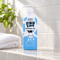 Made in Nature Hokkaido Milk Moisture Rich Shower Cream 450 ml on a tiled shower shelf beside a white washcloth