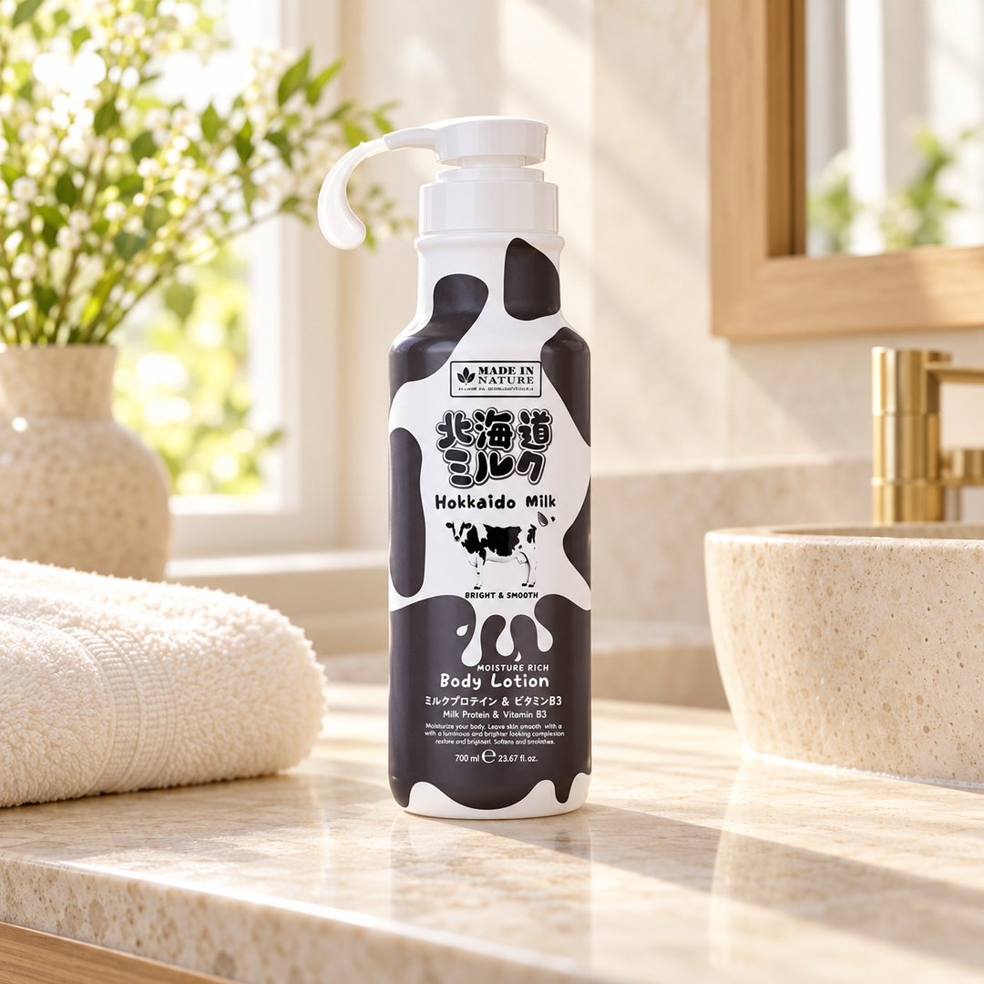 Made in Nature Hokkaido Milk Moisture Rich Body Lotion 700 ml on a stone bathroom vanity beside a folded ivory towel