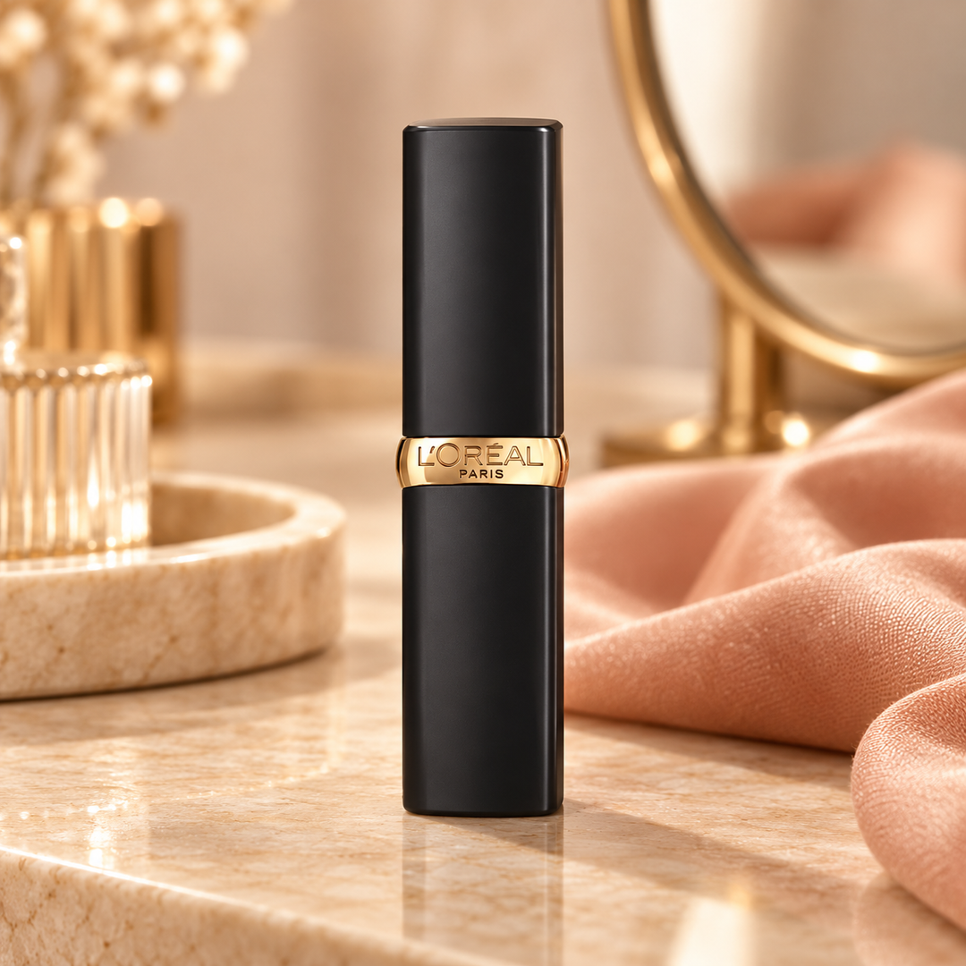Closed black-and-gold Color Riche Intense Volume Matte lipstick on a dressing table; shared packaging across shades