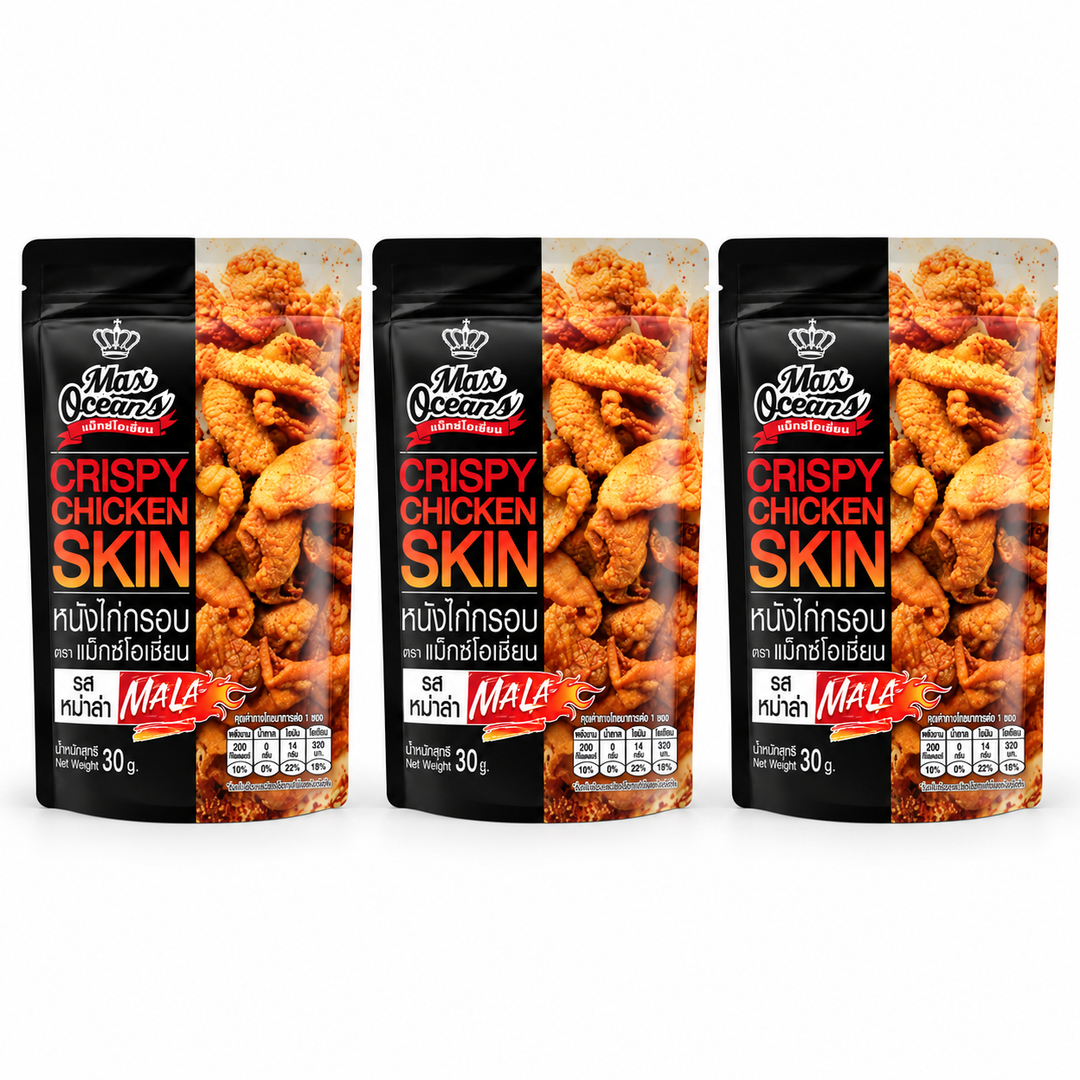 Max Oceans Crispy Chicken Skin Mala — 3 × 30 g — exact retail quantity
