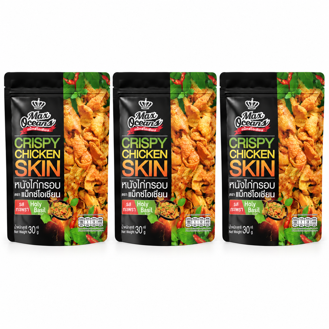 Max Oceans Crispy Chicken Skin Holy Basil — 3 × 30 g — exact retail quantity