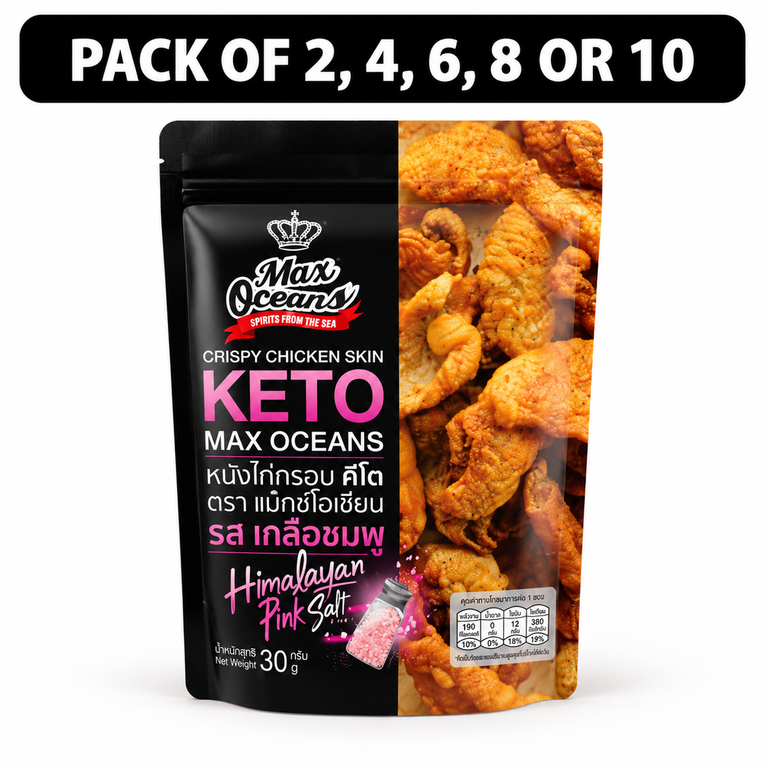 Max Oceans Crispy Chicken Skin Keto Himalayan Pink Salt 30g – packs of 2, 4, 6, 8 or 10