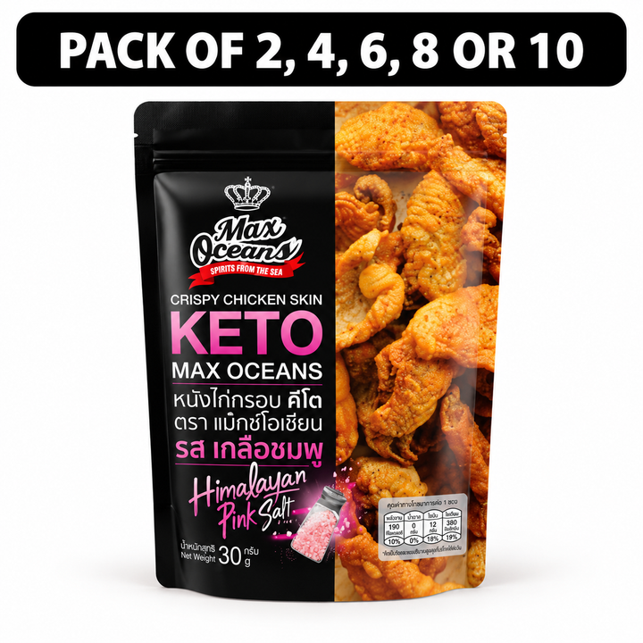 Max Oceans Crispy Chicken Skin Keto Himalayan Pink Salt 30g – packs of 2, 4, 6, 8 or 10