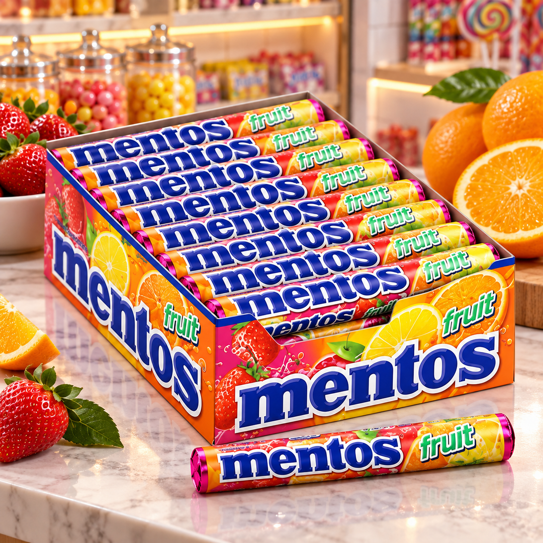 Mentos Fruit Rolls Display Box — lifestyle presentation
