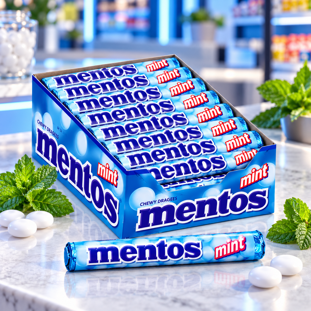 Mentos Mint Rolls Display Box — lifestyle presentation