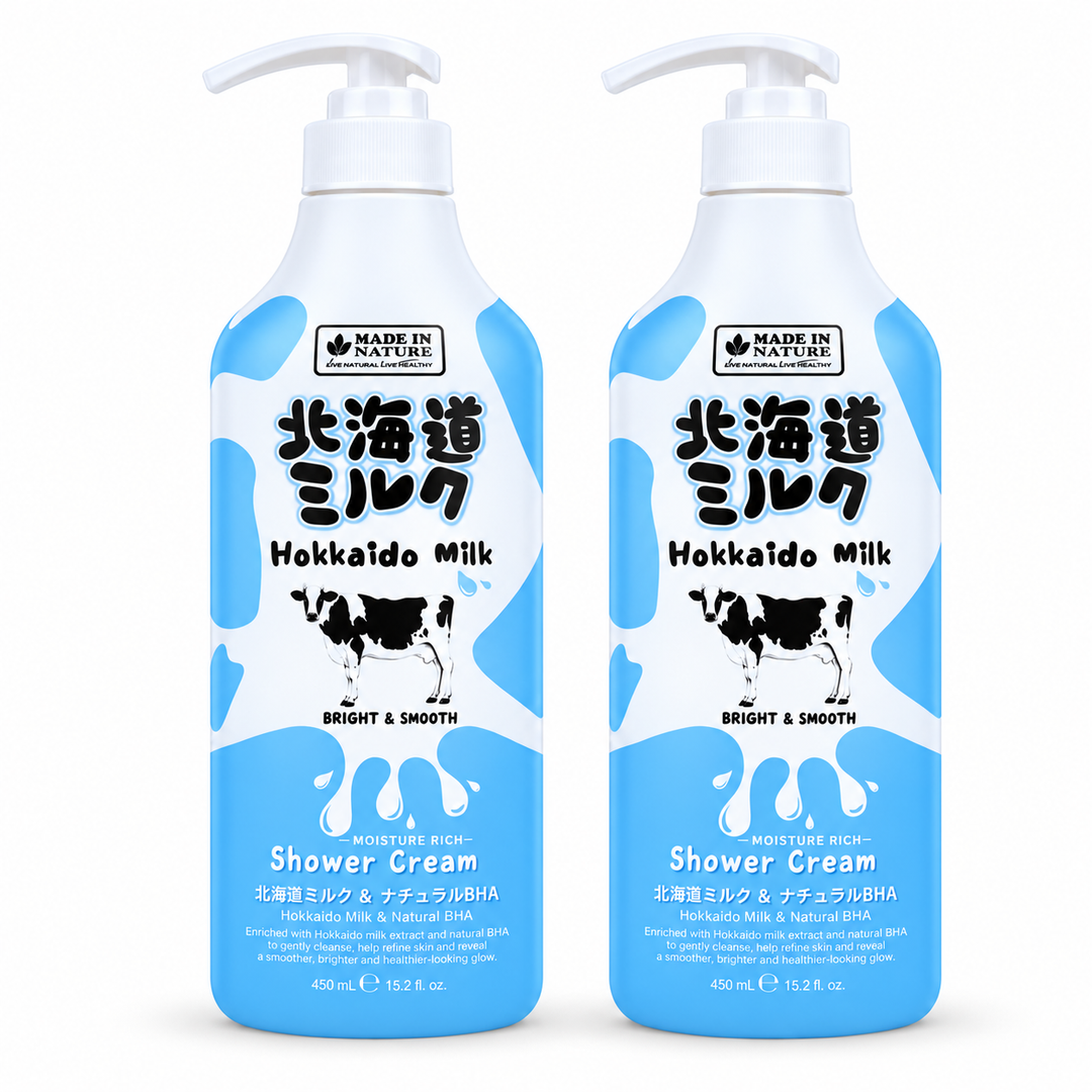 Made in Nature Hokkaido Milk Moisture Rich Shower Cream — 2 × 450 ml — exactly 2 separate retail units on a white background