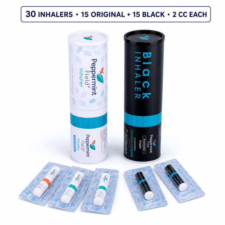 White Original and Black Peppermint Field display tubes with representative inhalers