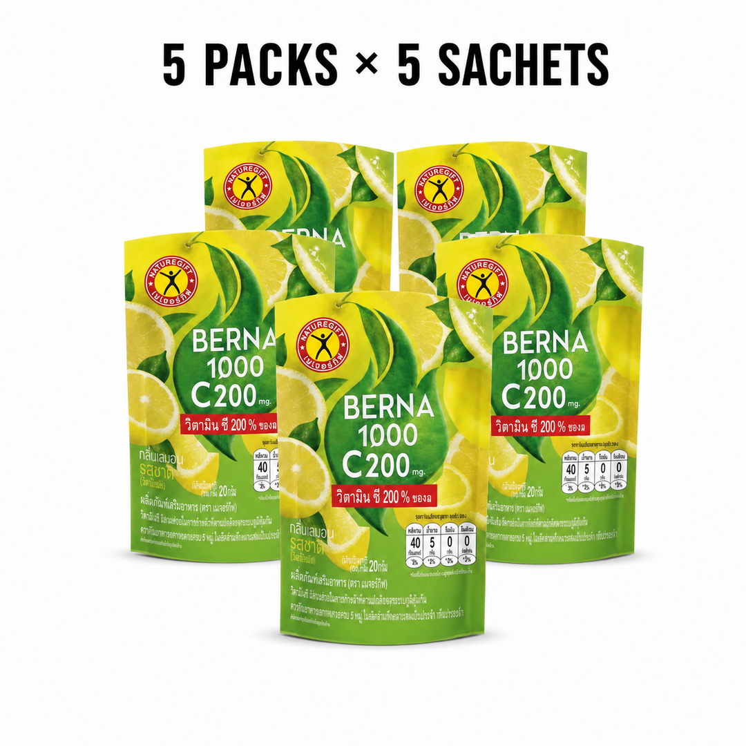 Five packs of NatureGift Berna 1000 C200 lemon drink mix, 5 sachets per pack