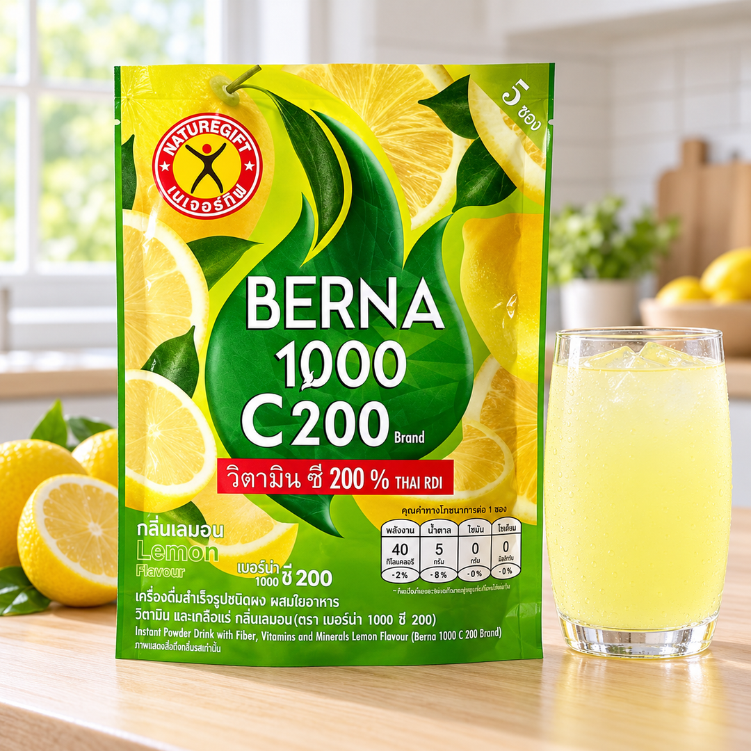 NatureGift Berna 1000 C200 Lemon Drink — one retail pack shown as a preparation illustration (bright kitchen)