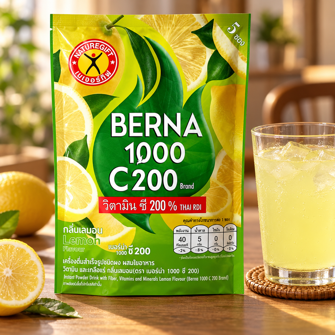 NatureGift Berna 1000 C200 Lemon Drink — one retail pack shown as a preparation illustration (warm café)