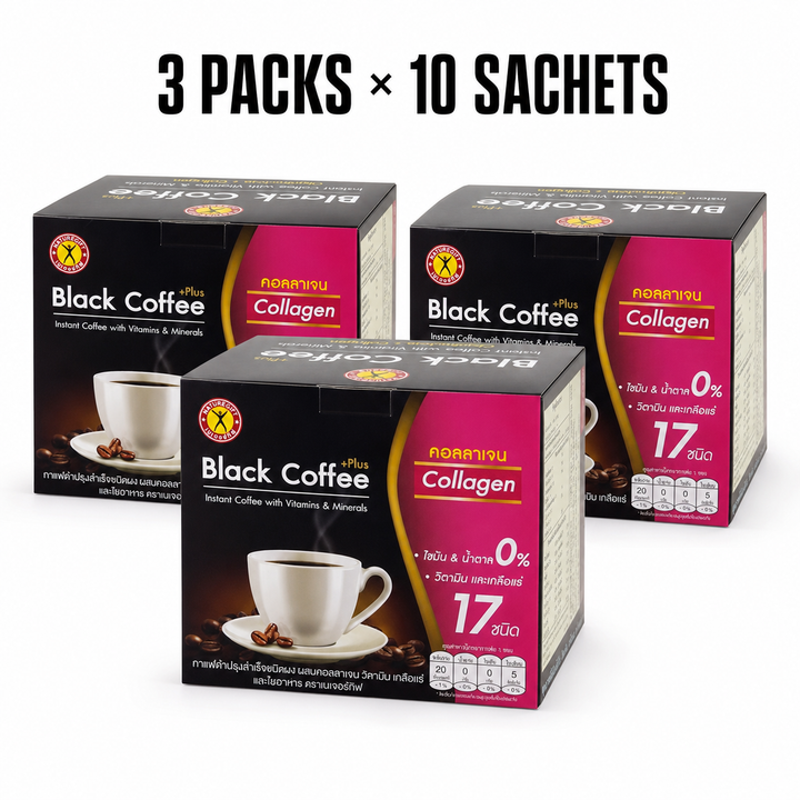 Three packs of NatureGift Black Coffee Plus Collagen, 10 sachets per pack