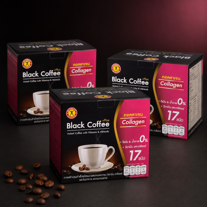 Three NatureGift Black Coffee Plus Collagen boxes on a dark studio background