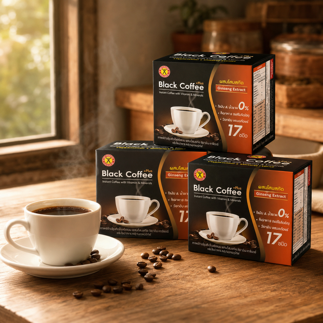 NatureGift Black Coffee Plus Ginseng Extract three-box pack with a cup of black coffee