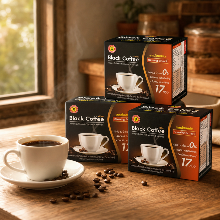 NatureGift Black Coffee Plus Ginseng Extract three-box pack with a cup of black coffee