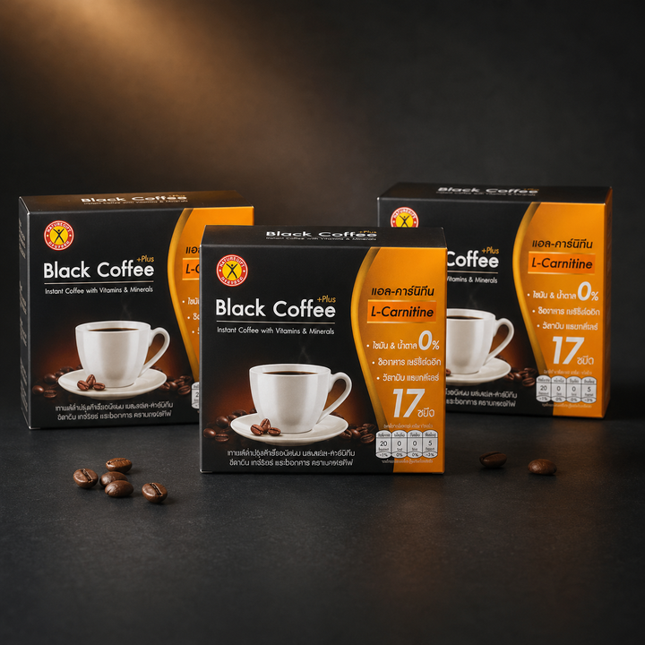 NatureGift Black Coffee Plus L-Carnitine three-box pack on dark studio background