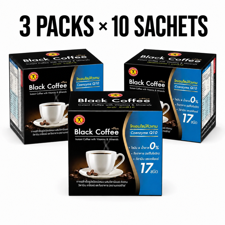 Three packs of NatureGift Black Coffee Plus with Coenzyme Q10, 10 sachets per pack