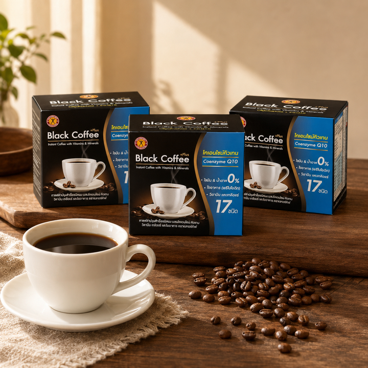 NatureGift Black Coffee Plus Q10 pack of 3 with a prepared cup of coffee