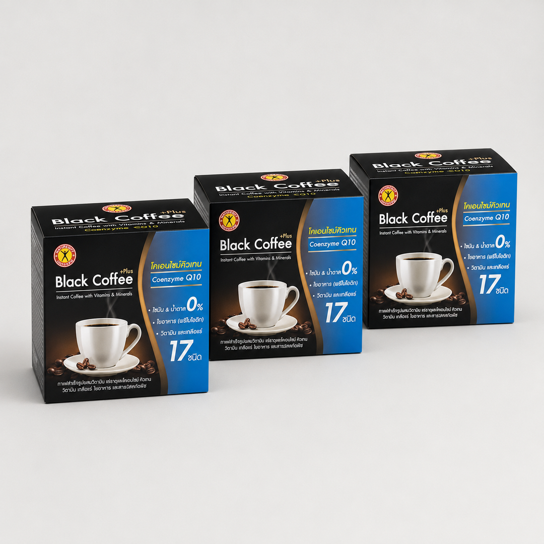 Three boxes of NatureGift Black Coffee Plus Q10 instant coffee