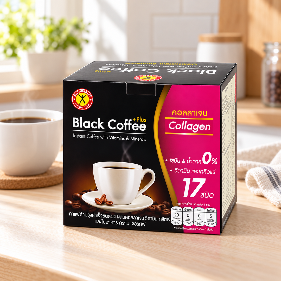 NatureGift Black Coffee Plus Collagen — one retail pack shown as a preparation illustration (bright kitchen)