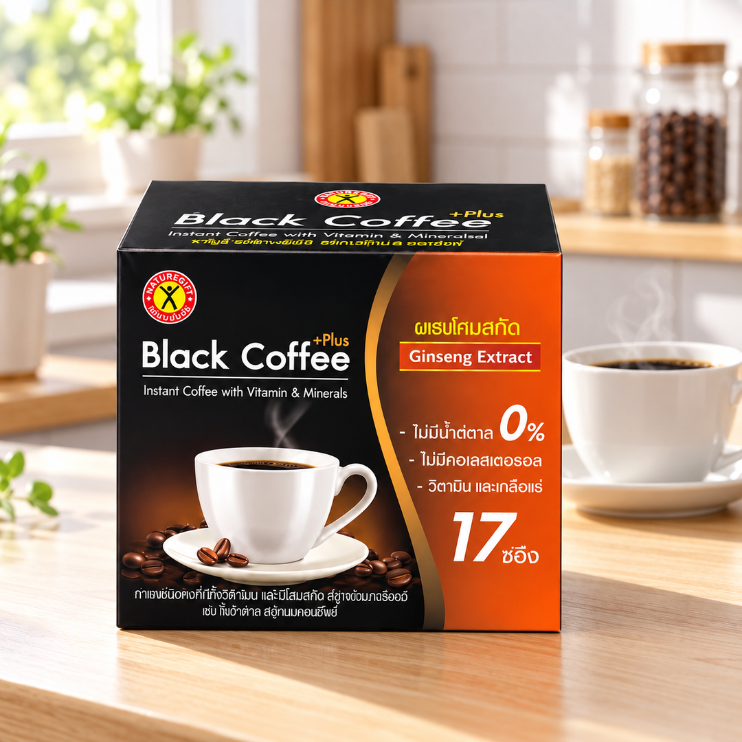 NatureGift Black Coffee Plus Ginseng Extract — one retail pack shown as a preparation illustration (bright kitchen)