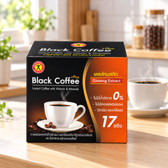 NatureGift Black Coffee Plus Ginseng Extract — one retail pack shown as a preparation illustration (bright kitchen)