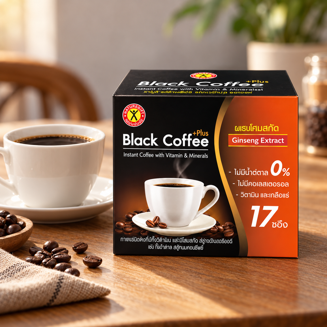 NatureGift Black Coffee Plus Ginseng Extract — one retail pack shown as a preparation illustration (warm café)