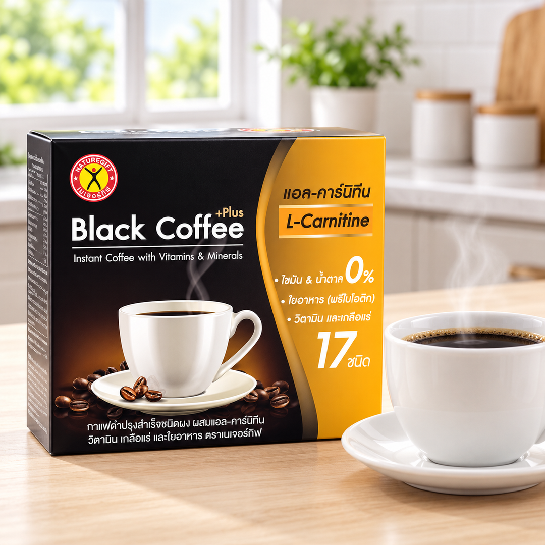 NatureGift Black Coffee Mix — one retail pack shown as a preparation illustration (bright kitchen)