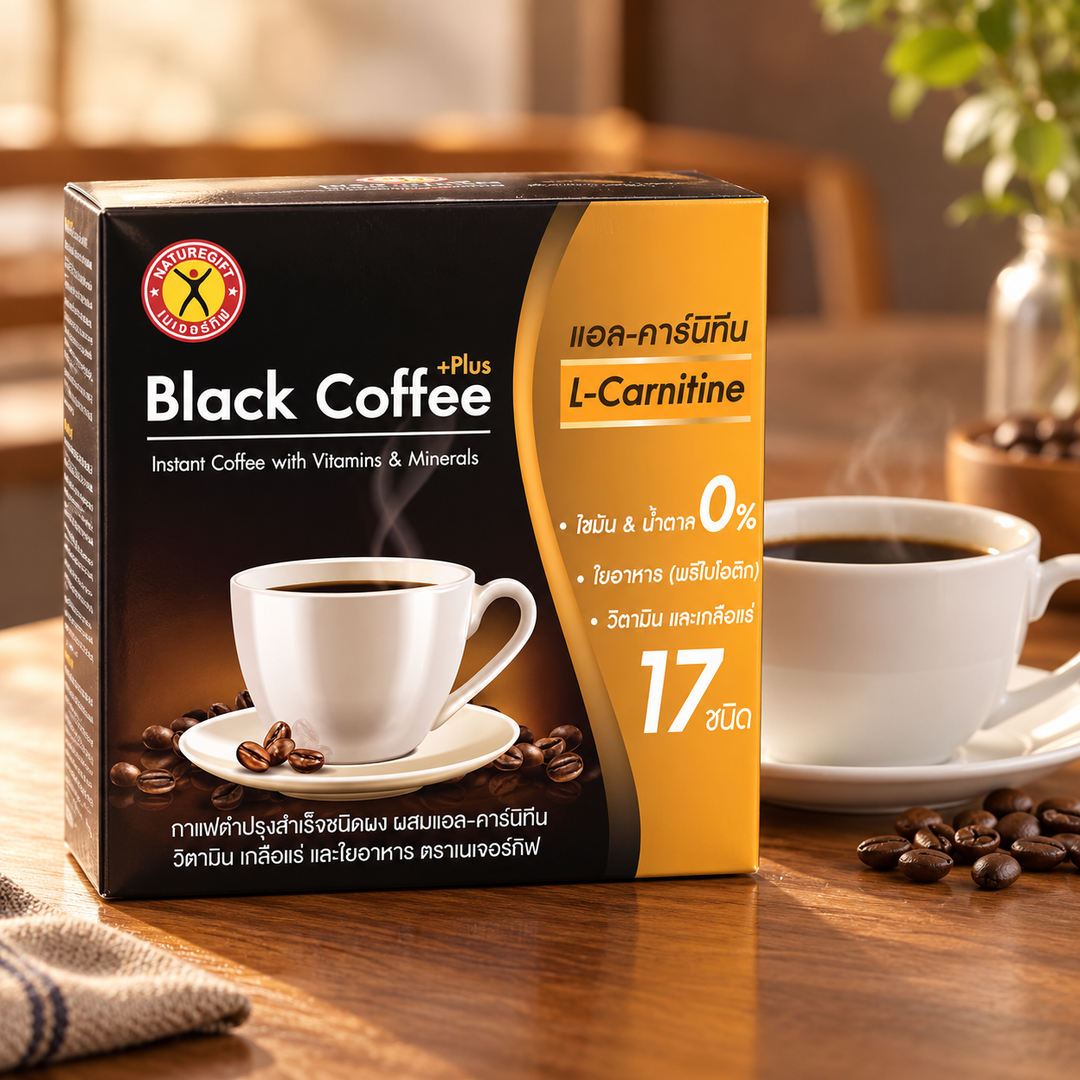 NatureGift Black Coffee Mix — one retail pack shown as a preparation illustration (warm café)