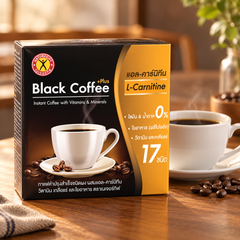 NatureGift Black Coffee Mix — one retail pack shown as a preparation illustration (warm café)