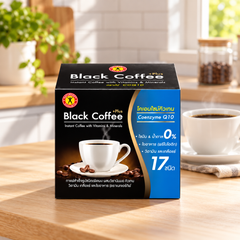 NatureGift Black Coffee Plus Coenzyme Q10 — one retail pack shown as a preparation illustration (bright kitchen)