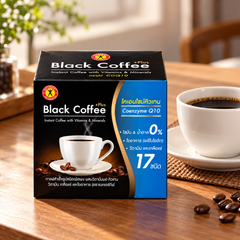 NatureGift Black Coffee Plus Coenzyme Q10 — one retail pack shown as a preparation illustration (warm café)