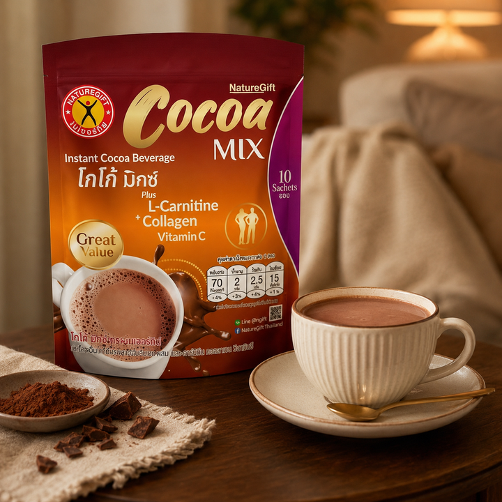 NatureGift Cocoa Mix pouch with a cup of hot cocoa in a warm evening setting