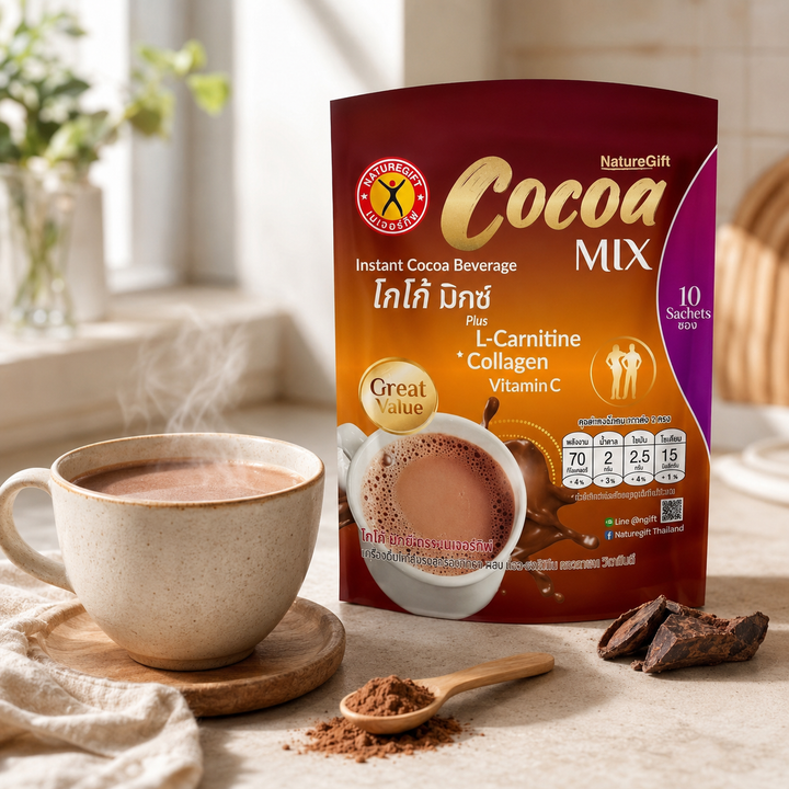NatureGift Cocoa Mix pouch beside a steaming cup of hot cocoa in a bright kitchen