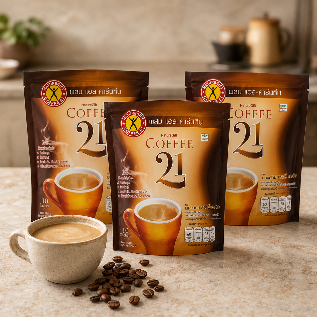 Three NatureGift Coffee 21 L-Carnitine packs with a prepared cup of coffee