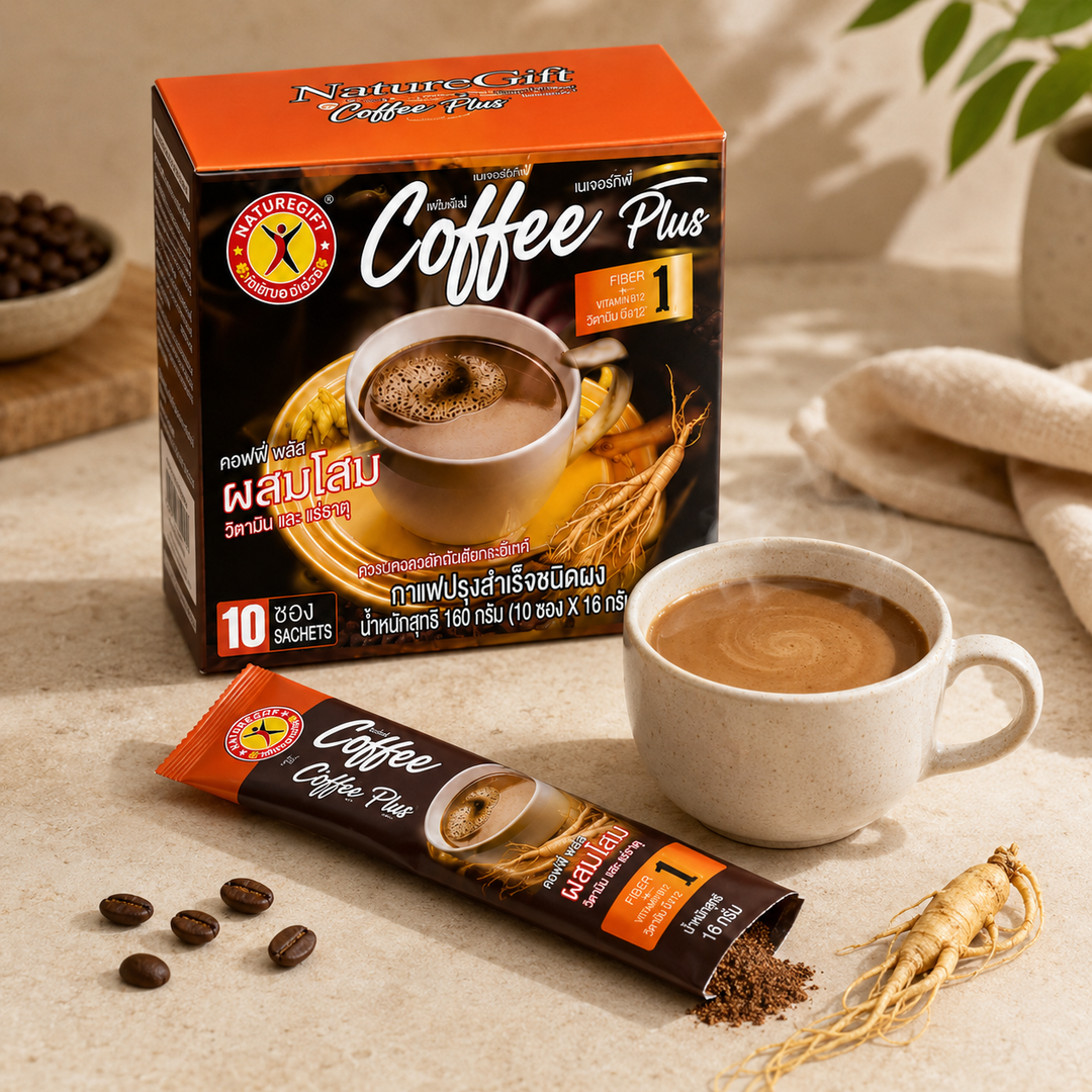 NatureGift Coffee Plus instant coffee with sachet and prepared cup