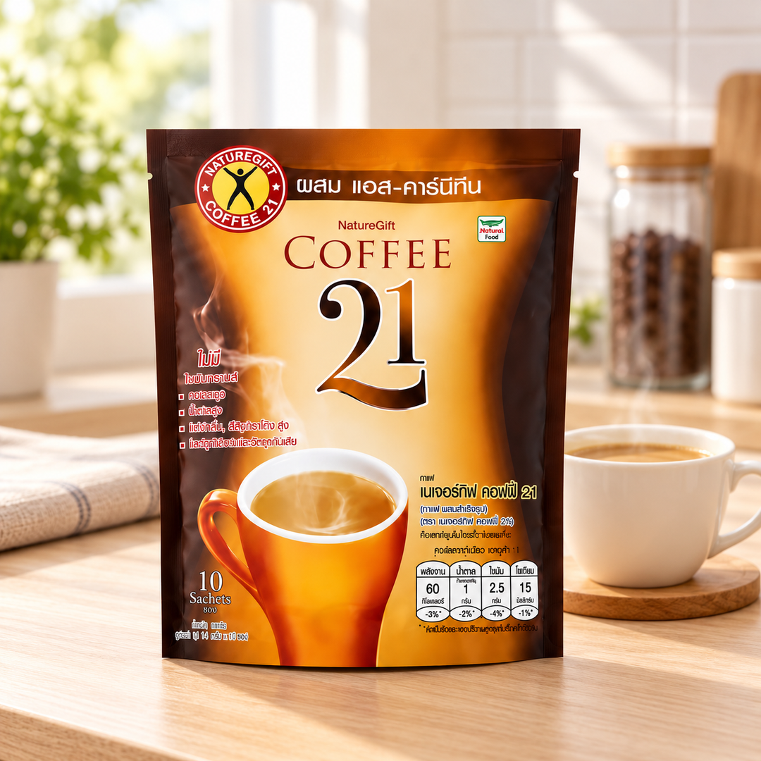 NatureGift Coffee 21 Instant Mix — one retail pack shown as a preparation illustration (bright kitchen)
