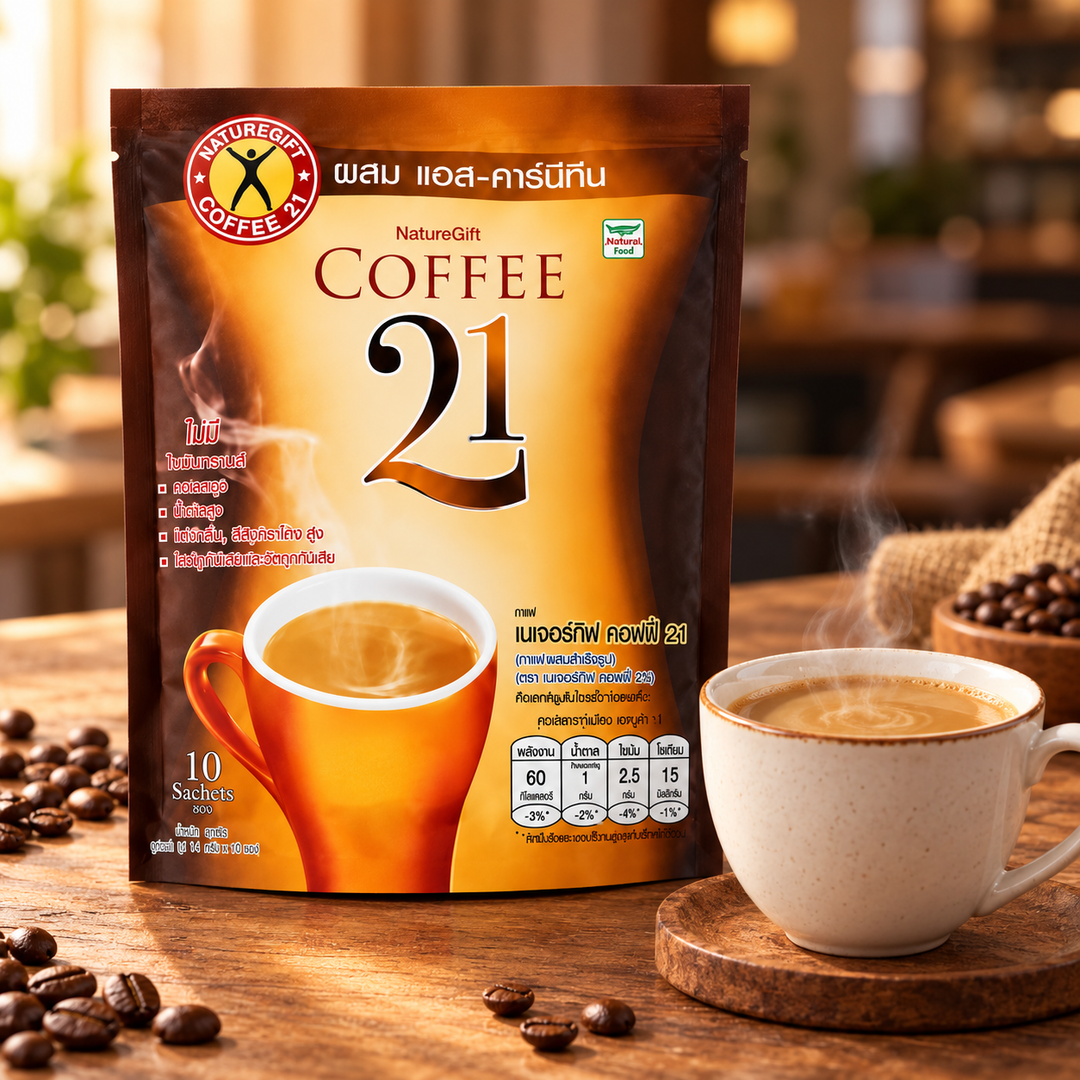 NatureGift Coffee 21 Instant Mix — one retail pack shown as a preparation illustration (warm café)