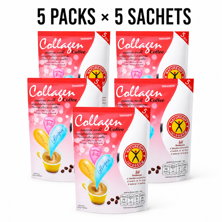 Five packs of NatureGift Collagen Coffee, 5 sachets per pack