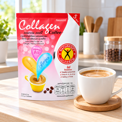 NatureGift Collagen Coffee with Vitamins C & B12 — one retail pack shown as a preparation illustration (bright kitchen)