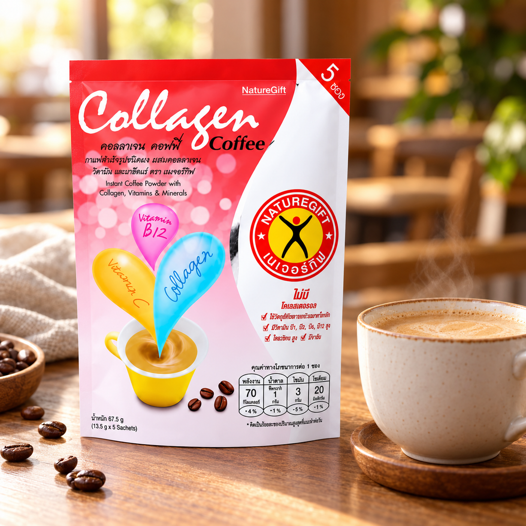 NatureGift Collagen Coffee with Vitamins C & B12 — one retail pack shown as a preparation illustration (warm café)