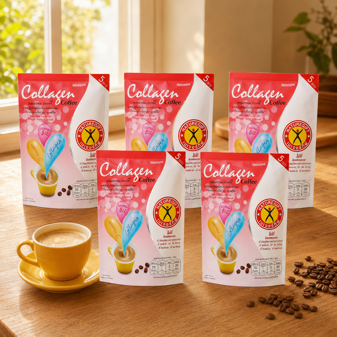 NatureGift Collagen Coffee five-pack bundle in a warm morning coffee setting