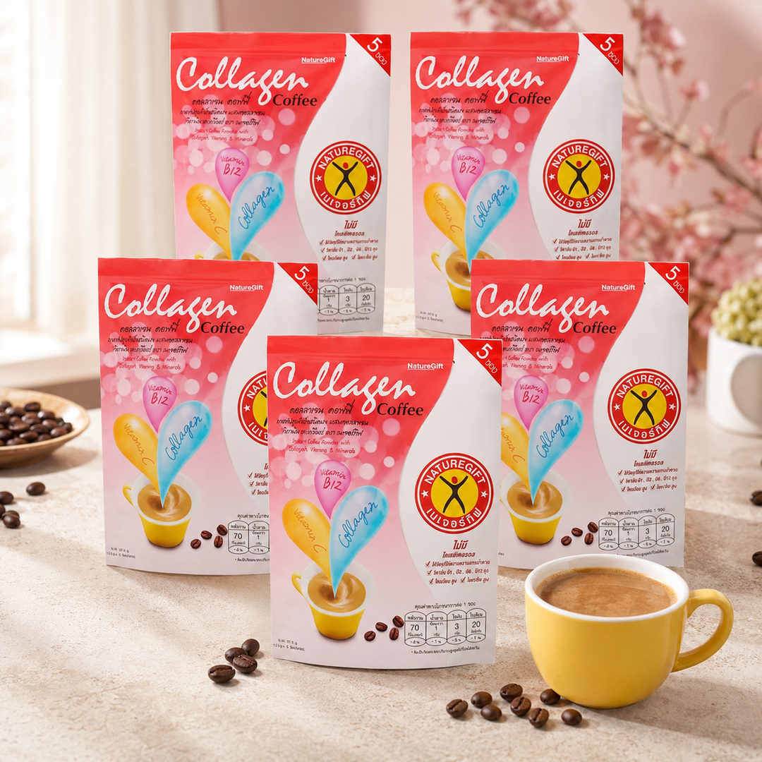 Five NatureGift Collagen Coffee packs with a cup of creamy coffee