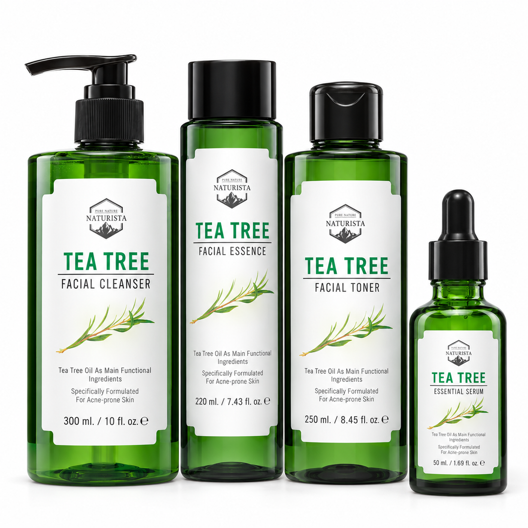 Naturista Tea Tree Facial Care Set — Cleanser, Essence, Toner & Serum on white background